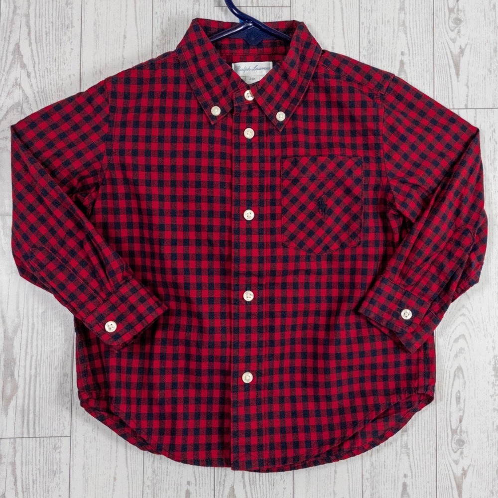 Polo Ralph Lauren Boys 24M Red Navy Buffalo Check Button Down Shirt Pony Logo